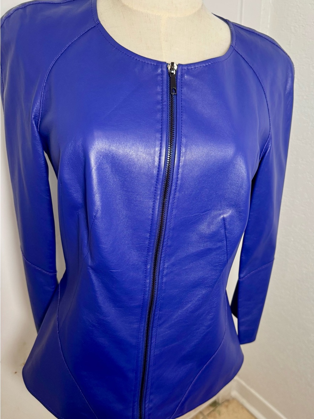 Lafayette 148 New York Cobalt Blue Leather Zip-Front Jacket SIZE 4